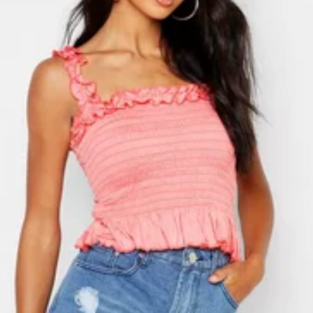 Boohoo smocked shirred ruffle detail crop top